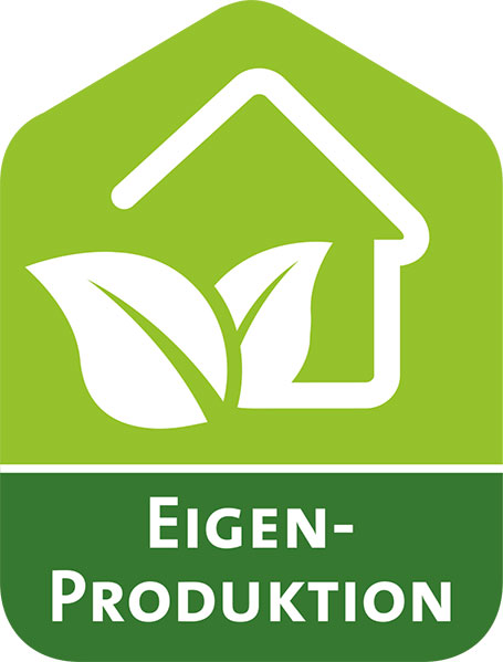 Grünes Logo der Kampagne „Eigenproduktion“. Darauf sind in Weiß die Umrisse eines Hauses und zweier Blätter eingezeichnet.
