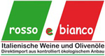 Logo des Wein-, Olivenöl und Spezialitätenimporteurs rosso e bianco: die Farben der italienischen Flagge, darauf der Schriftzug „rosso e bianco“.
